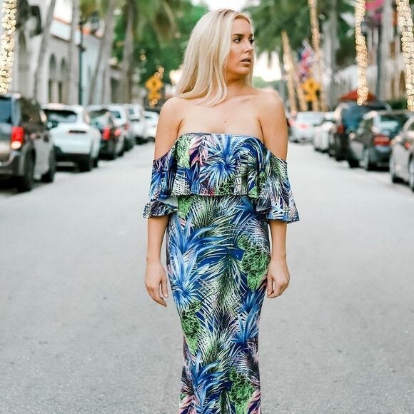 TROPICAL RUFFLE OFF THE SHOULDER DRESS - Picture 2 of 7